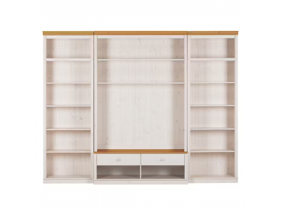 Estante grande para sala em madeira com rack para tv na cor branco lavado e mel  / coleção biblioteca